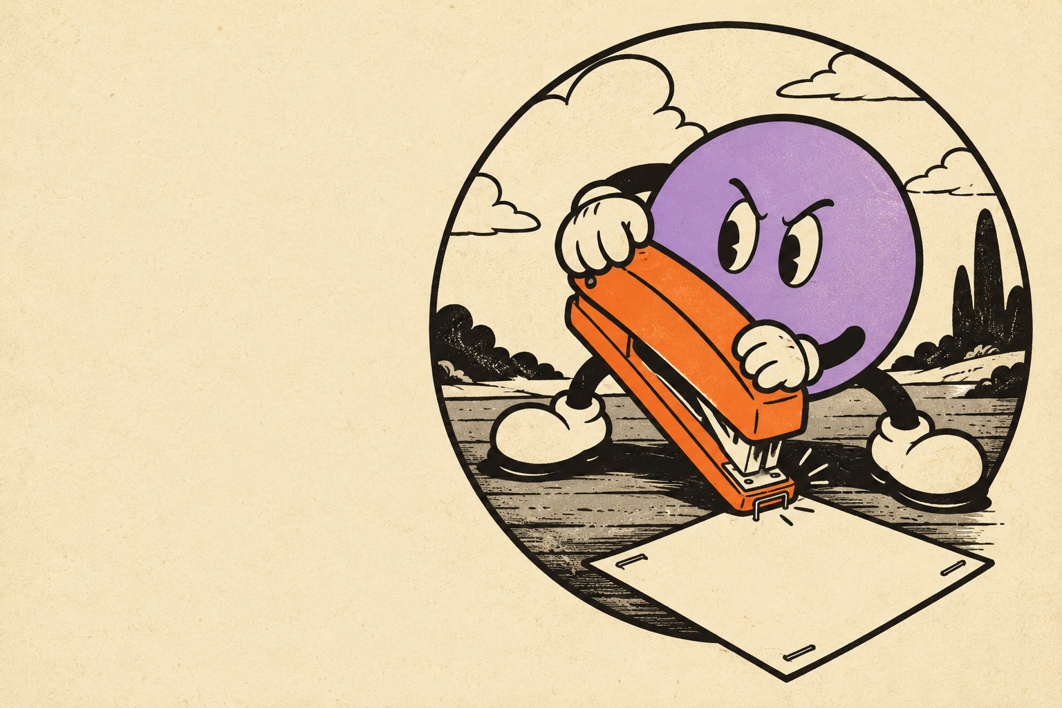 A round lavender blob with defiant tiny eyebrows gripping an oversized orange stapler beside a blank meme panel stapled to the floor