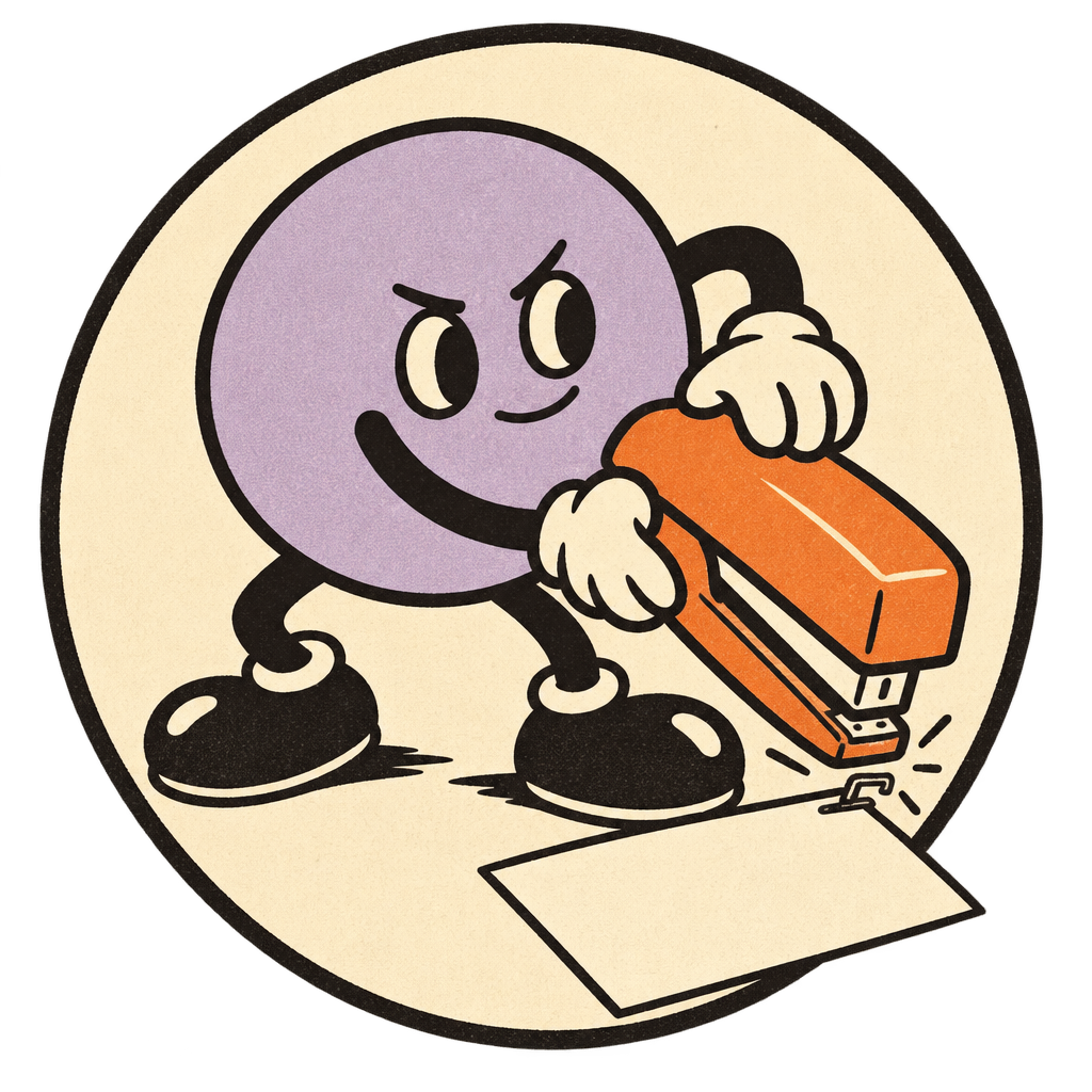 The tiny lavender blob mascot clutching its orange stapler
